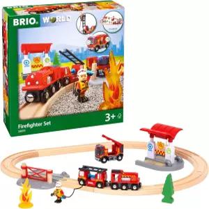 BRIO 월드 레스큐 소방관 세트 - 18피스 FSC 인증 목재 열차 및 액세서리 조명과 사운드가 포함된 소방차