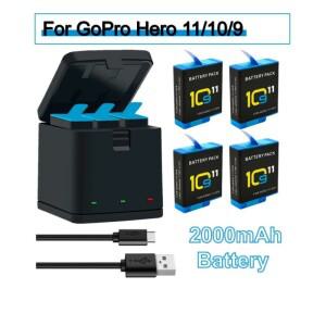 GoPro Hero 11 10 9용 2000mAh 배터리 리튬 이온 팩 모션 카메라 보관함 정리함 + Type-C 포트가 있는 LCD