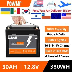 PowMr 30AH LiFePO4 배터리 12V 리튬 철 인산염 BMS 4000 사이클 팩 방수 캠핑 보조베터리