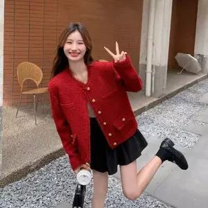 엘럽 가을 여친 빨강 하프 코트 트리밍 라이트 럭셔리 트위드 원템3