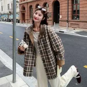 엘럽 여성용 하프 가을 빈티지 양면 스웨이드 코트 차이나 체크 트렌치 원템3