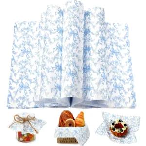 AnyDesign 50Pcs 블루 플로럴 보우 왁스 페이퍼 델리 샌드위치 랩 티슈 빈티지 치누아제리 플라워 방수