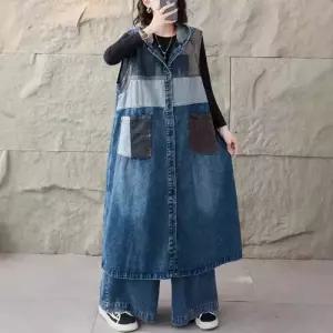 데님 롱 빈티지 캐주얼 여자 조끼 후드 위에 카디건 민소매 BE1