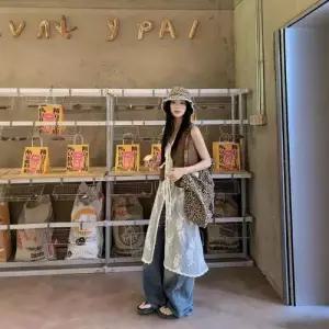 롱 여성용 봄 롱가디건 카디건 민소매 조끼 레이스 스트링 OP1