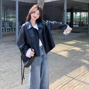 검정 가을 빈티지 여성용 트렌디 자켓 멋스럽고 PU 가죽 멋스러운 재킷 아이템 HT3