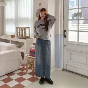 |KHK1BAC|여성 빈티지 워싱 뒷트임 롱 데님 스커트