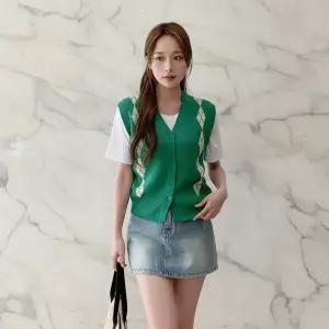 |KHJ6E9F|여성용 브이넥 아가일 니트 조끼