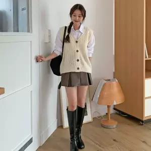 |KHJ6F25|여성 알파카 오버사이즈 니트 조끼 우드 버튼