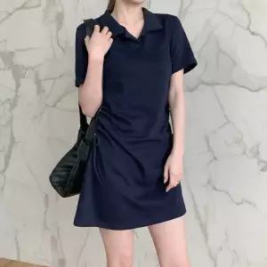 |KHO5A54|여성 면혼합 슬림핏 카라 반팔 미니 드레스 옆 셔링 디자인