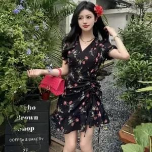 |CCO5B60|여성용 사랑스러운 꽃무늬 셔링 랩 브이넥 미니 원피스 봄
