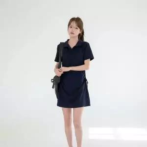 |KHO5A54|여성 면혼합 슬림핏 카라 반팔 미니 드레스 옆 디자인