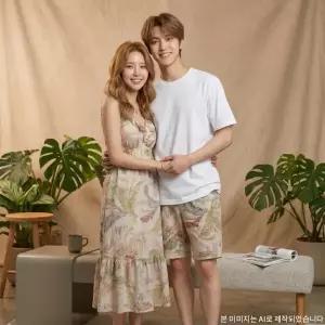 [롯데백화점]비비안 나뭇잎 프린트 여성 이지웨어 원피스 남성 바지 세트-BS(GW1973TEZ2973B)