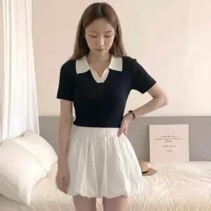 BANHANY ？？당일출발？？유스？？ 썸머 배색 카라 골지 슬림핏 반팔 크롭 니트 티셔츠 4color