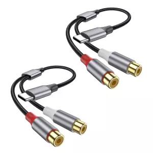 케이키뉴 USB C to 듀얼 RCA 레오 보조 코드 케이블 2팩 타입 여성 그 어댑터 자동차 노트북 휴대폰 태블릿