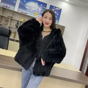 MPPM 여성용 천연 토끼 모피 코트 후드 긴팔 재킷 캐주얼 루즈 니트