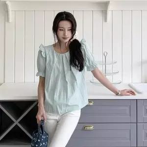 여성 일상용 셔링 프릴 퍼프 반팔 티셔츠_25315643_588872