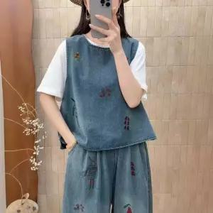데님 빈티지 캐주얼 봄 자수 라운드 톱 여자조끼 민소매 솔리드 조끼 풀오버 원템1