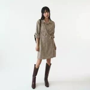 아트박스/신상오픈런 여성 체크 패턴 카라넥 빈티지 미니 드레스