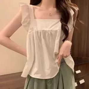 여자 스퀘어넥 리본 프릴 여름 블라우스 리본 여자 블라우스 여성 데일리 넥 여름 프릴 스퀘어 캐주얼