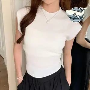 ( )여성 여름 골지 반팔 상의 슬림핏 티셔츠 반팔 뒤트임 여성 여름 티셔츠 썸머 여자 골지 라운드넥 니트