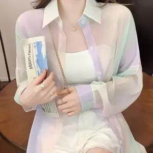 (색상 라이트 파스텔)여름 셔츠 롱셔츠 여름 커버업 레이어드 비치 가디건 브이넥 롱 여름