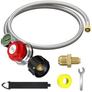 게이지 0~60PSI 흐름 표시기가 있는 5피트 스테인리스 위한 장착 쿠커, 0~30PSI 튀르키예 프라이어, 1/8 조절기, MNPT x 버너, 플레어 프로판 LP 조절식 QCC1 스모커를 호스 고압 3/8