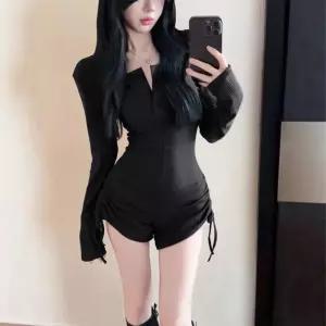 솔저스여사친 캐주얼 슬림핏 타이트 점프슈트 긴팔 요가 썸머룩 후드 헬스복 OPH1