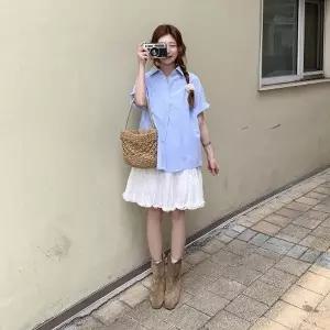여성 오버사이즈 포켓 카라 일상용 면 반팔 블라우스_25307408_588872