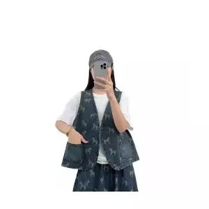 EAMT 여자 봄 가디건 프린트 조끼 데님 포켓 민소매 카디건 캐주얼 상의 EUNG1