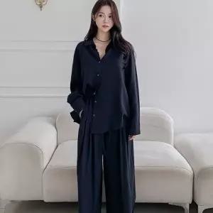 여성 여름 긴팔 루즈핏 린넨 블라우스 밴딩 와이드 팬츠 세트_25298836_588872