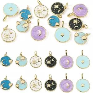 체리스웰리 12Pcs 셀레스티얼 참스 18K 금도금 스타 썬 문 플랫 라운드 에나멜 합금 펜던트 걸이 장식품