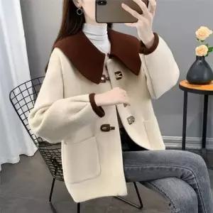 무천도사 여성 여성용 모직 캐주얼 루즈핏 코트 세일러카라 더블 KKE3