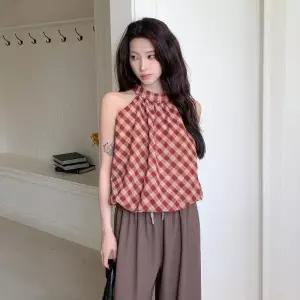 여자 벌룬핏 홀터넥 뒷단추 체크 블라우스_25211311_588872