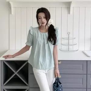 여자 데일리 셔링 프릴 퍼프 반팔 블라우스_25210906_588872