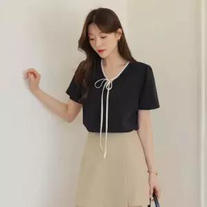 [시크라인] 로에츠 배색 타이 블라우스