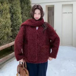 여친 빈티지 코트 램스울 머플러 기모 도톰 모피 퍼 톱 일체형 와인 CH1