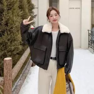 캐주얼 여사친 모피 코트 세무 숄 칼라 가죽 도톰 다운 PU 점퍼 CH1