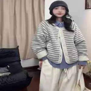 빈티지 캐주얼 여성 모피 코트 양면 스트라이프 램스울 라운드 싱글 보온 CH1