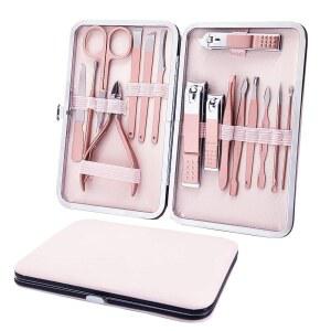 16PCS 매니큐어 로즈 골드 페디큐어 케이스 그루밍 핑크 키트 휴대용 여행용 올인원