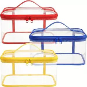Dqwtb 3pcs 클리어 장난감 보관 정리함 투명 PVC 가방 이중 지퍼 손잡이로 청소하기 쉬운 블록 작은 레드