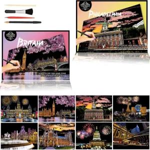스크래치 페인팅 및 아트 8pcs 레인보우 시티 야경 카드 페인트 바이 페이퍼 세트