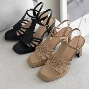 오너클랜 인기상품 소가죽 위빙 스트랩 스퀘어토 미들힐 샌들 여성화 6SS [WFM08NM_260516]