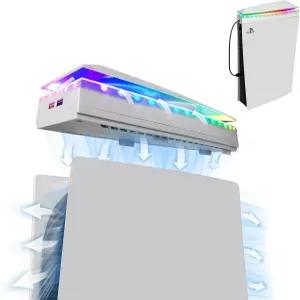 PS5 콘솔 에디션 및 디지털 더스트 커버 컬러풀 LED 조명이 장착된 리어 쿨링 팬 2개의 USB 포트