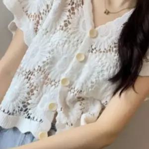 여성 여름 플라워 브이넥 펀칭 그물 반팔 가디건 상의