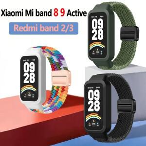 샤오미호환 스마트 미 밴드 9 8 액티브 액세서리 스포츠 마그네틱 나일론 팔찌 케이스+브레이드 스트랩 +