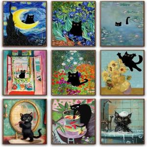 9Pcs 반 고흐의 재미있는 검은 고양이 벽 아트 캣츠 유명 그림 포스터 빈티지 갤러리 장식 사진 다양한