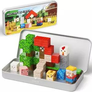 헌루트 미니 마그네틱 블록 농장 동물 여행 장난감 48세 를 위한 금속 보관함이 있는 35PCS 휴대용 STEM