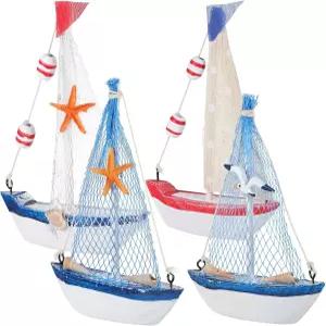 NUOBSTY 4PCS 미니 범선 모델 나무 미니어처 항해 깃발 그물 플로팅 튜브 테이블 소품 비치 오션 테마 파티