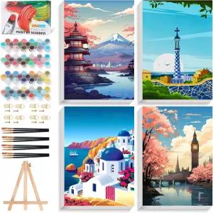 나무 이젤이 있는 숫자 키트로 구성된 4팩 페인트 액자가 풍경 캔버스에 아크릴 수채화 8x12인치 가정용