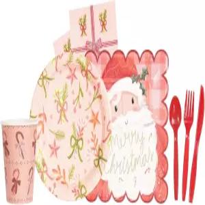 ColorOrca 140 PCS 크리스마스 산타 겨우살이 핑크 장식 디너웨어 세트 접시 일회용 파티 식탁보 9인치 및
